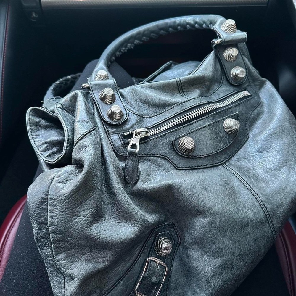 Balenciaga Black Leather Shoulder Bag with Silver Hardware